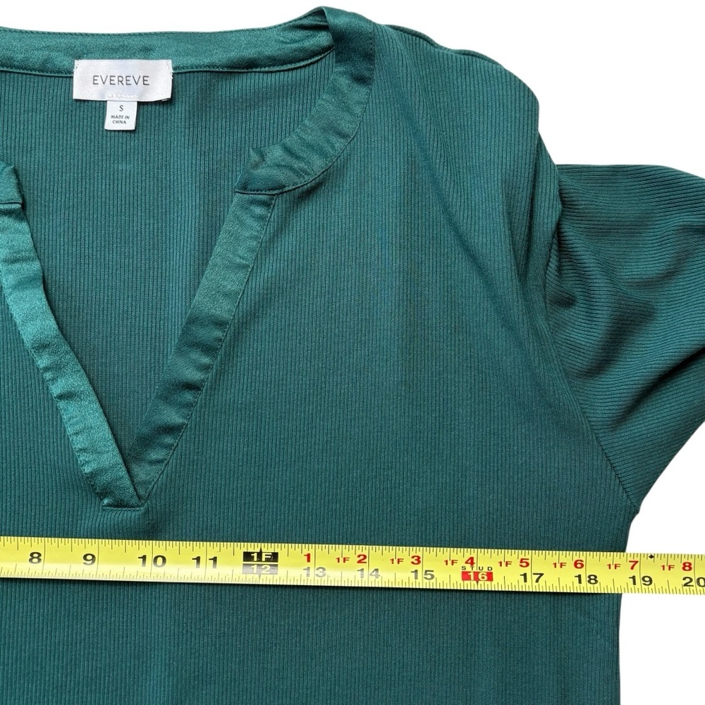 Evereve Bex Split Neck Top Size S Satin Trim Soft Rib Knit Green Modal Blend - Picture 10 of 13